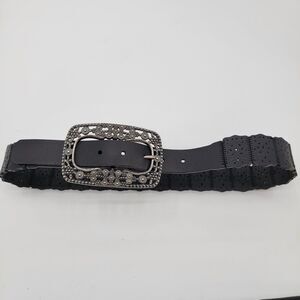 Womens Black Cutout Genuine Leather Patchwork Design Silver Big Buckle 31"